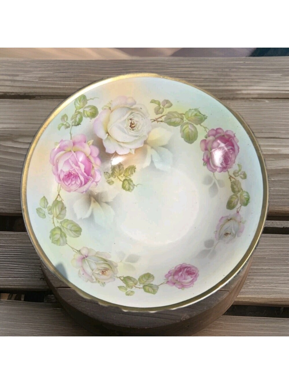 Vintage PRUSSIA 10" BOWL Hand Painted VICTORIAN ROSES Gilt Rim 2.75" Deep Nice!